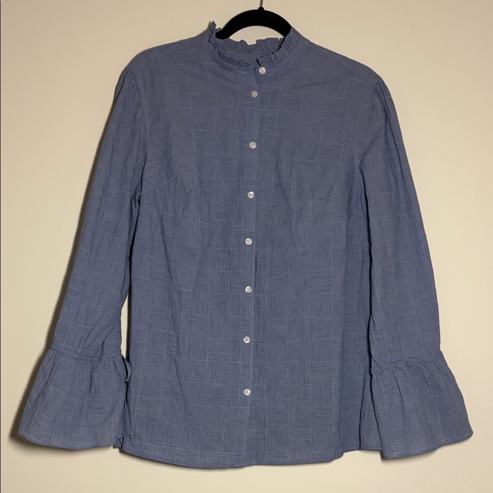 Ava & Viv Cotton Printed Button Down Shirt Ruffle Details